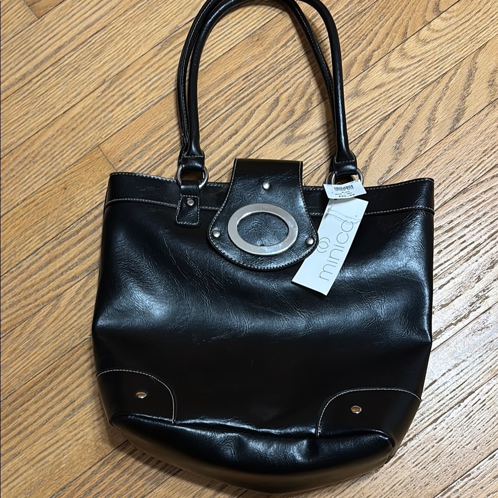 Minicci Black Tote with Glossy Finish and Silver Hardware